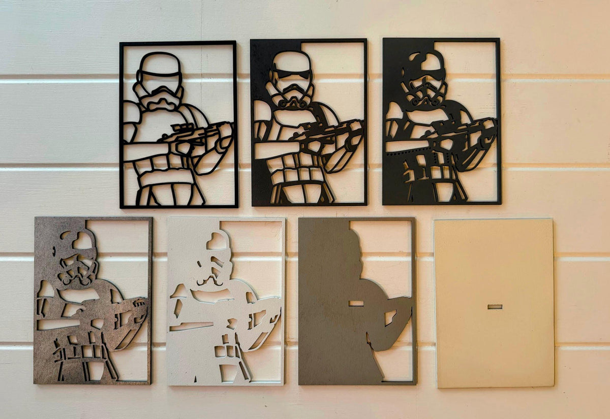 Stormtrooper Layered Wood Wall Art | 3D Laser Cut Star Wars Decor | Hand-Painted 7-Layer Birch | Imperial Sci-Fi Art