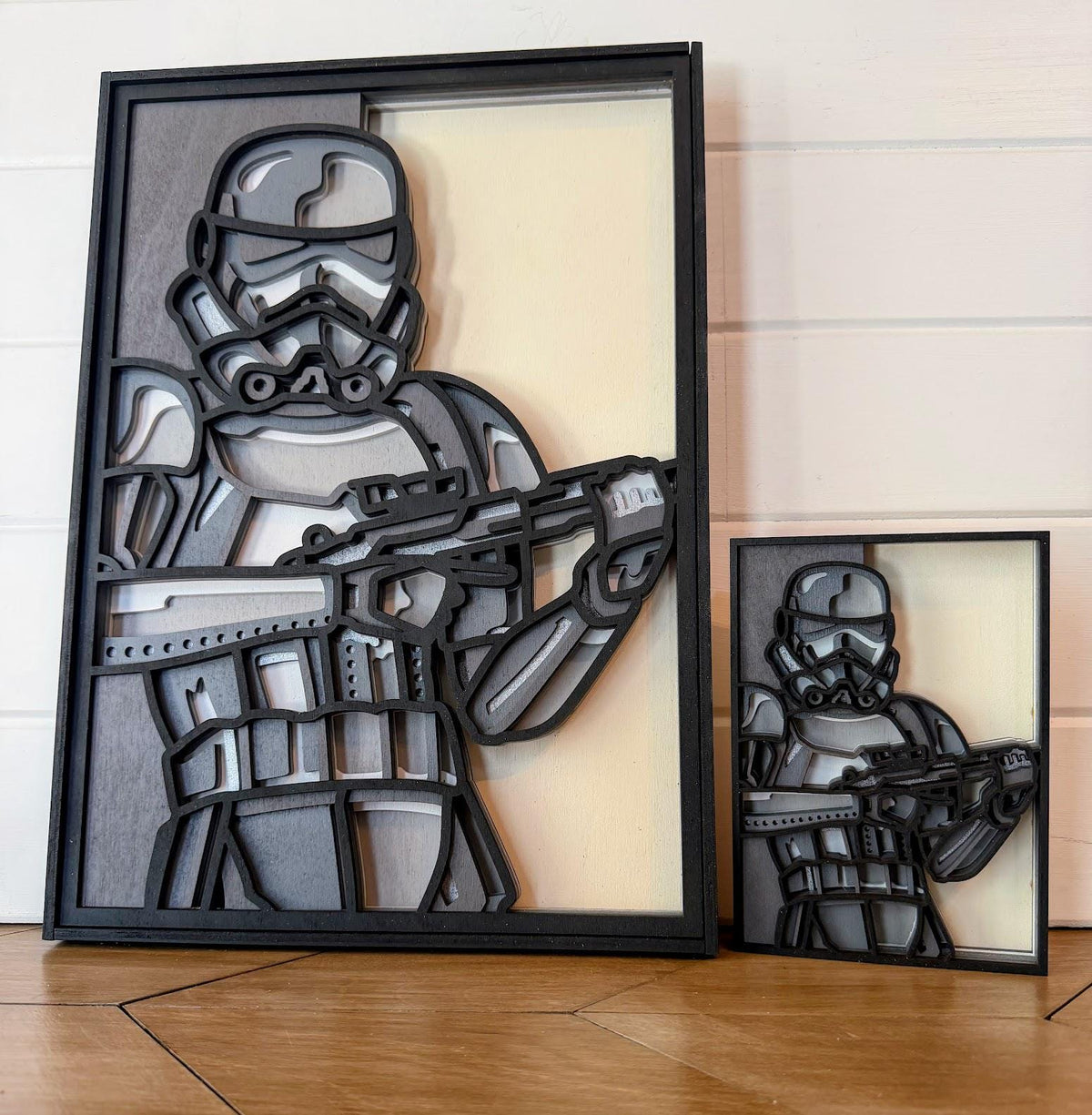 Stormtrooper Layered Wood Wall Art | 3D Laser Cut Star Wars Decor | Hand-Painted 7-Layer Birch | Imperial Sci-Fi Art