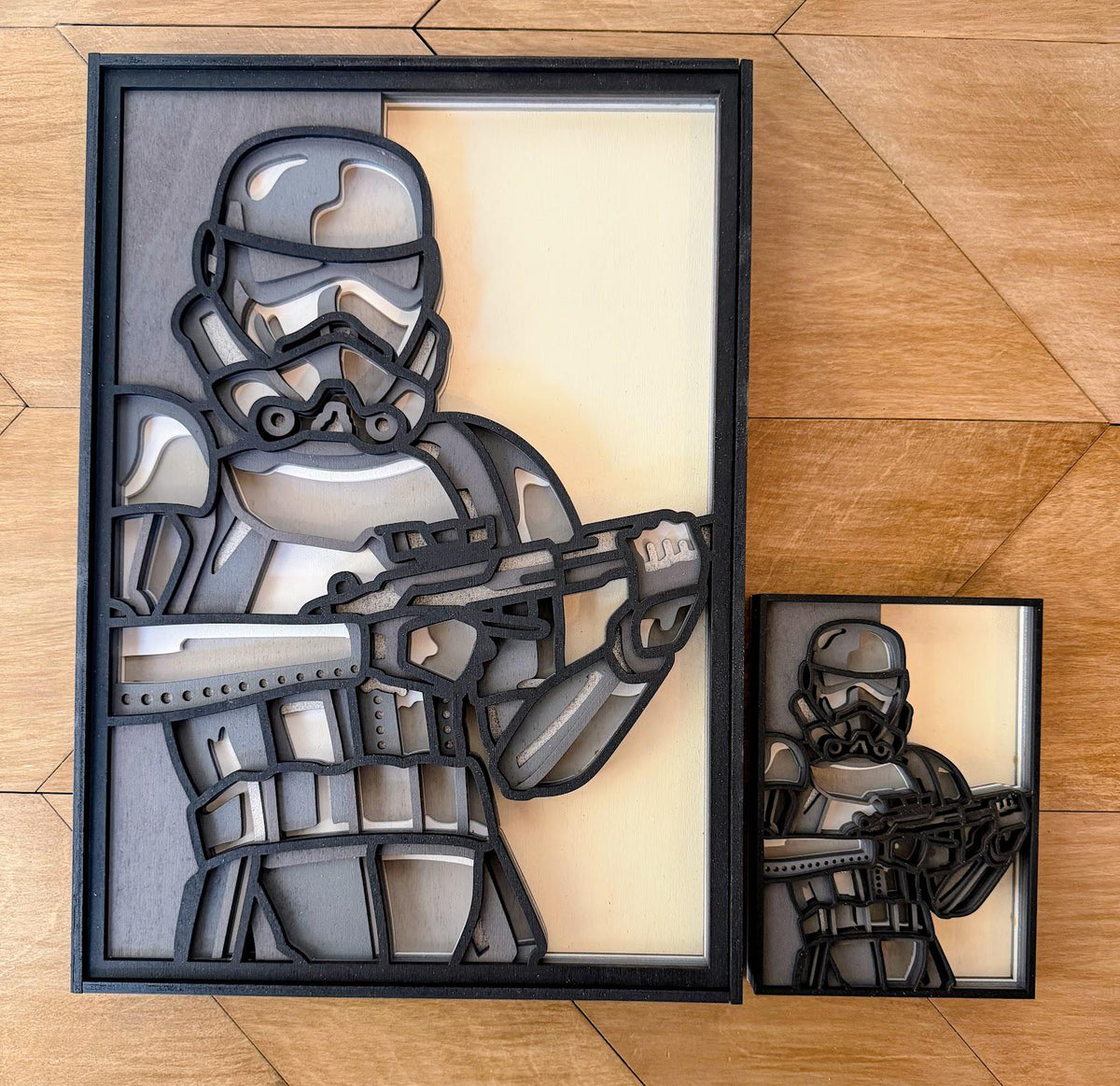 Stormtrooper Layered Wood Wall Art | 3D Laser Cut Star Wars Decor | Hand-Painted 7-Layer Birch | Imperial Sci-Fi Art