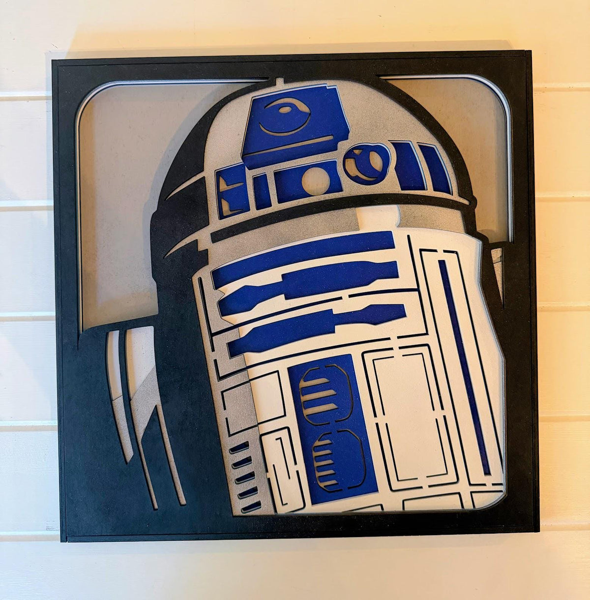 R2-D2 Layered Wood Wall Art | 3D Laser Cut Star Wars Decor | Hand-Painted 6-Layer Birch Droid Art | Sci-Fi Gift