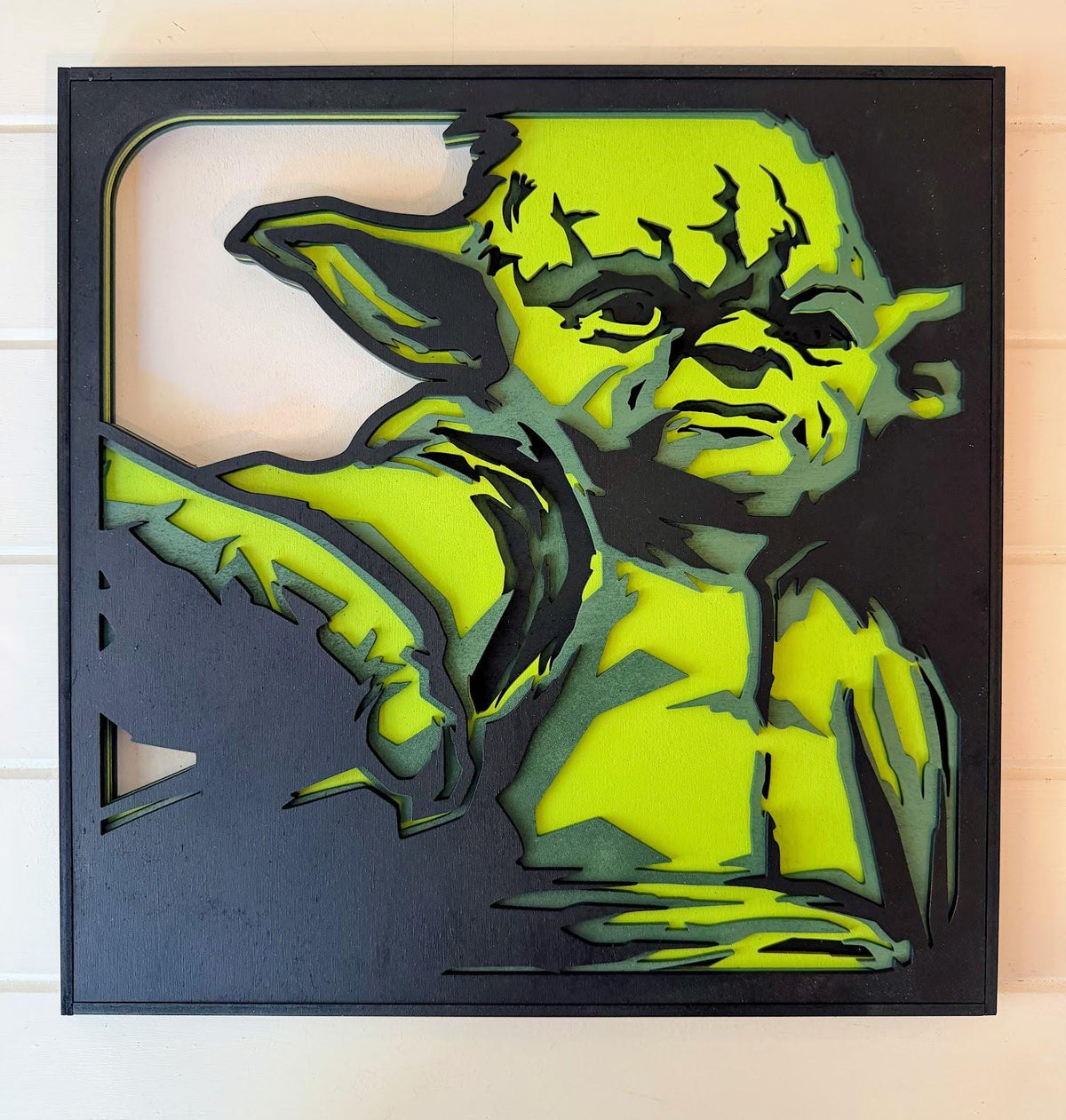 Yoda Layered Wood Wall Art | 3D Laser Cut Star Wars Decor | Hand-Painted 6-Layer Birch Jedi Master Art | Sci-Fi Gift