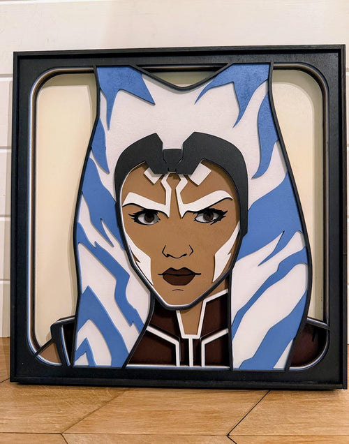 Ahsoka Tano Layered Wood Wall Art | Hand-Painted 3D Star Wars Decor | Laser Cut Birch Art | Clone Wars Sci-Fi Room Decor