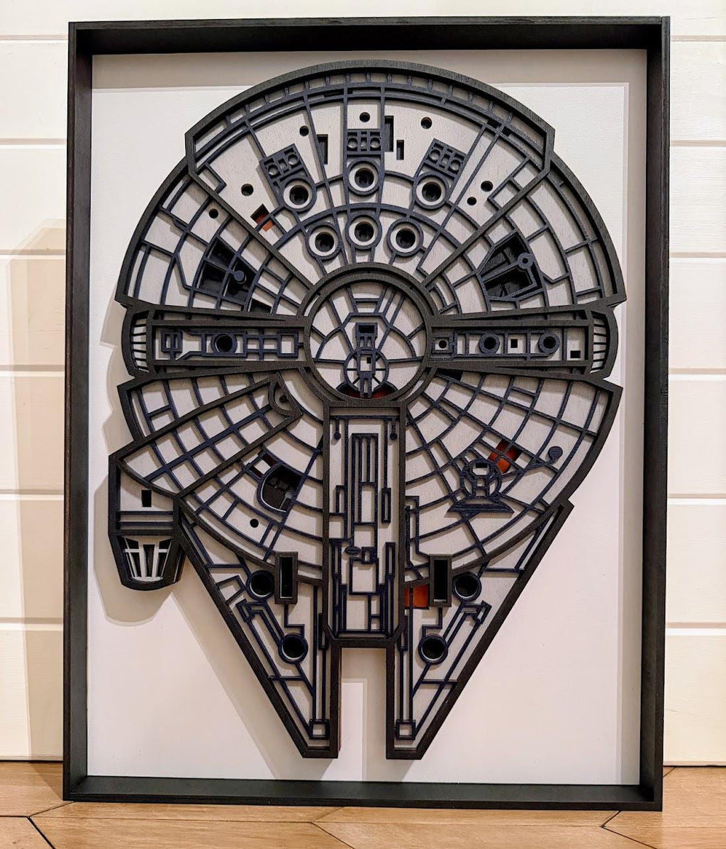 Millennium Falcon Layered Wood Wall Art | Star Wars Decor | Laser Cut Wooden Spaceship Art | Handmade Sci Fi Wall Decor | Framed