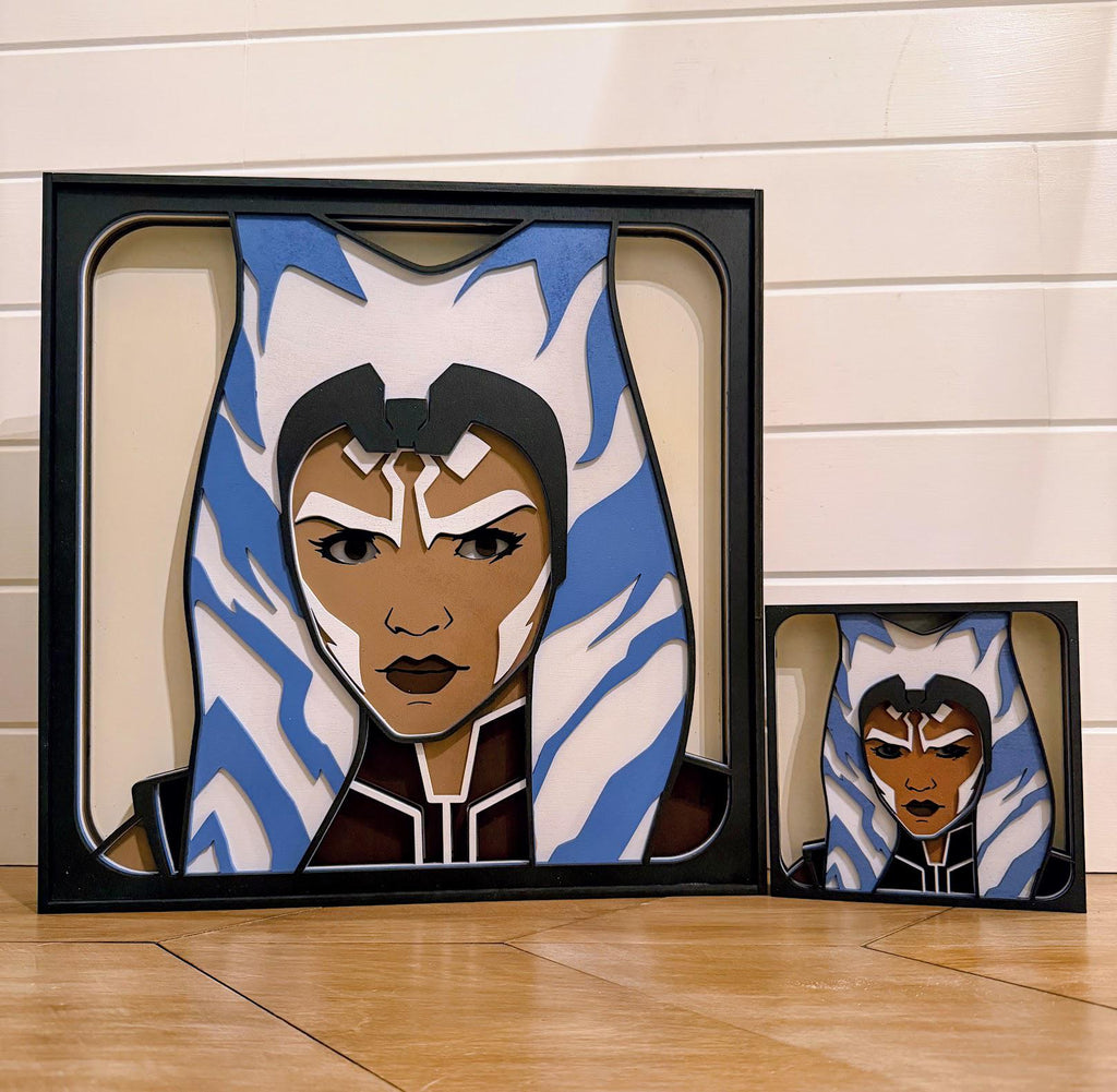 Ahsoka Tano Layered Wood Wall Art | Hand-Painted 3D Star Wars Decor | Laser Cut Birch Art | Clone Wars Sci-Fi Room Decor