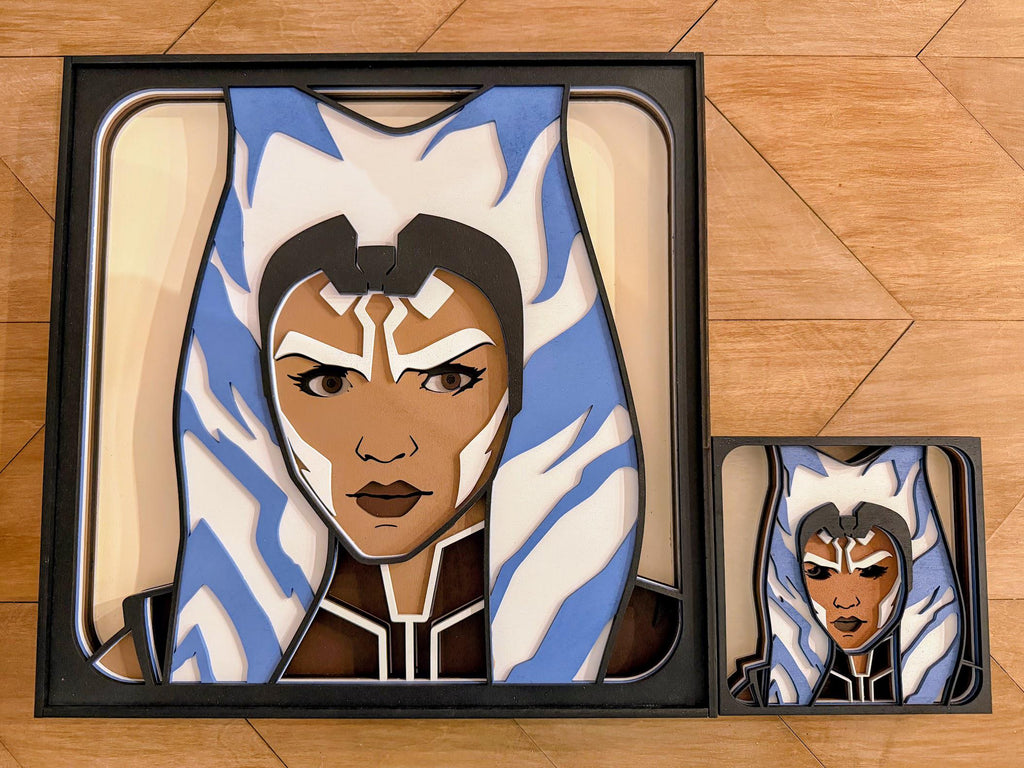 Ahsoka Tano Layered Wood Wall Art | Hand-Painted 3D Star Wars Decor | Laser Cut Birch Art | Clone Wars Sci-Fi Room Decor